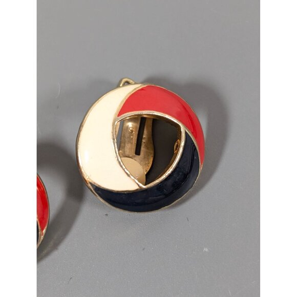 Vintage Red White Blue Enamel Knot Round Clip On Earrings Gold Tone Nautical - Picture 3 of 6